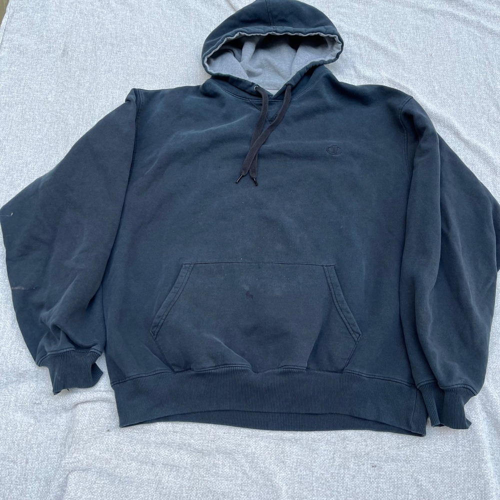 Vintage Champion Hoodie Mens Large Black Y2K Pullover Sweatshirt distressed Logo